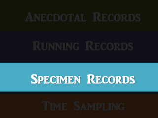 Anecdotal Records
Running Records
Specimen Records
Time Sampling
 