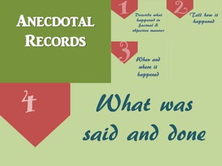 Anecdotal
Records
4 What was
said and done
 