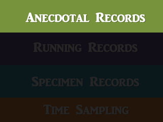 Anecdotal Records
Running Records
Specimen Records
Time Sampling
 