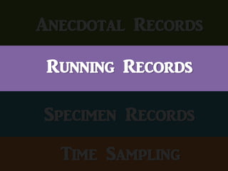 Anecdotal Records
Running Records
Specimen Records
Time Sampling
 