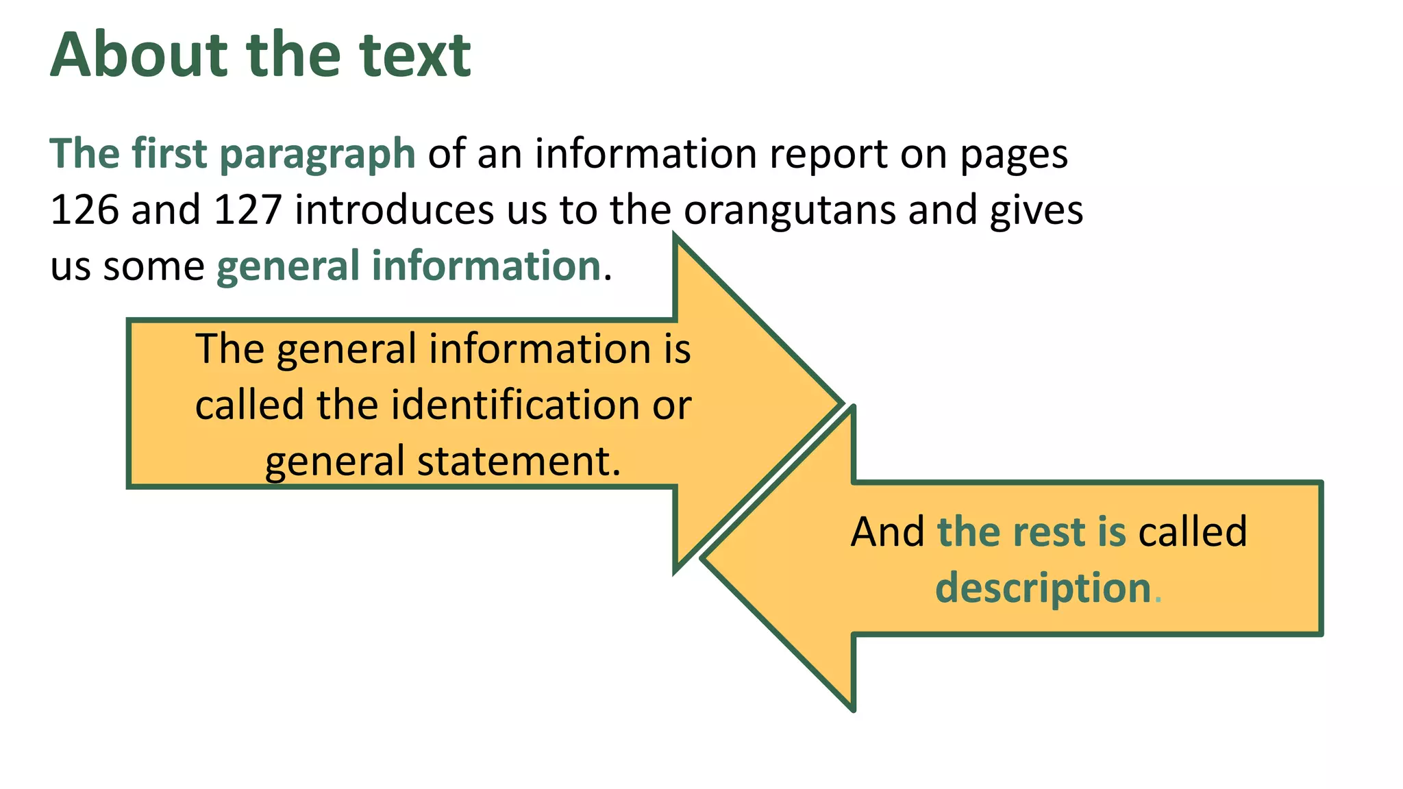 About the text
The first paragraph of an information report on pages
126 and 127 introduces us to the orangutans and gives
us some general information.
The general information is
called the identification or
general statement.
And the rest is called
description.
 