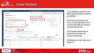 Crear facturaCrear factura
1 La unidad de negocio y los
datos del proveedor se llenan
por default
2 El número de factura se
creo, en este ejemplo con el
número de orden de compra
más las letras FAC
3 El importe deberá ser el
importe de la Orden de
Compra aprobada.
4 Debemos de dar click en el
botón “Ir”
1
2
3
4
 