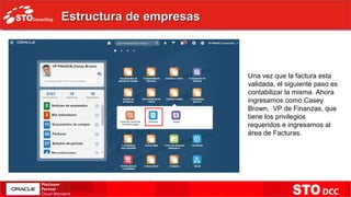 Estructura de empresasEstructura de empresas
Una vez que la factura esta
validada, el siguiente paso es
contabilizar la misma. Ahora
ingresamos como Casey
Brown, VP de Finanzas, que
tiene los privilegios
requeridos e ingresamos al
área de Facturas.
 