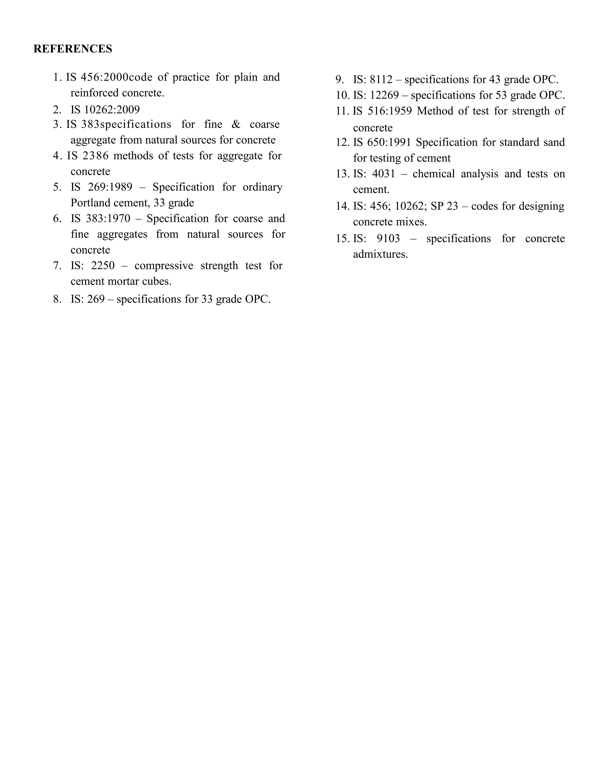 REFERENCES
1. IS 456:2000code of practice for plain and
reinforced concrete.
2. IS 10262:2009
3. IS 383specifications for fine & coarse
aggregate from natural sources for concrete
4. IS 2386 methods of tests for aggregate for
concrete
5. IS 269:1989 – Specification for ordinary
Portland cement, 33 grade
6. IS 383:1970 – Specification for coarse and
fine aggregates from natural sources for
concrete
7. IS: 2250 – compressive strength test for
cement mortar cubes.
8. IS: 269 – specifications for 33 grade OPC.
9. IS: 8112 – specifications for 43 grade OPC.
10. IS: 12269 – specifications for 53 grade OPC.
11. IS 516:1959 Method of test for strength of
concrete
12. IS 650:1991 Specification for standard sand
for testing of cement
13. IS: 4031 – chemical analysis and tests on
cement.
14. IS: 456; 10262; SP 23 – codes for designing
concrete mixes.
15. IS: 9103 – specifications for concrete
admixtures.
 