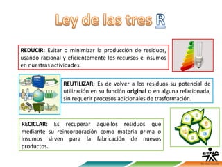 REDUCIR: Evitar o minimizar la producción de residuos,
usando racional y eficientemente los recursos e insumos
en nuestras actividades.

                REUTILIZAR: Es de volver a los residuos su potencial de
                utilización en su función original o en alguna relacionada,
                sin requerir procesos adicionales de trasformación.



RECICLAR: Es recuperar aquellos residuos que
mediante su reincorporación como materia prima o
insumos sirven para la fabricación de nuevos
productos.
 
