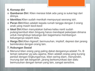 6. Konsep diri 
 Gambaran Diri: Klien merasa tidak ada yang ia sukai lagi dari 
dirinya. 
 Identitas:Klien sudah menikah mempunyai seorang istri. 
 Peran Diri:Klien adalah kepala rumah tangga dengan 3 orang 
anak yang masih kecil-kecil 
 Ideal Diri:Klien menyatakan bahwa kalau nanti sudah 
pulang/sembuh klien bingung harus mendapat pekerjaan dimana 
untuk menghidupi keluarga dan bagaimana membangun 
keluarganya seperti dulu. 
 Harga Diri:Klien Agresif, bermusuhan, implisif, depresi dan jarang 
berinteraksi dengan orang lain. 
7. Hubungan Sosial 
 Menurut klien orang yang paling dekat dengannya adalah Tn. B 
teman sekamar yg satu agama. Klien adalah orang yang kurang 
perduli dengan lingkungannya, klien sering diam, menyendiri, 
murung dan tak bergairah ,jarang berkomunikasi dan slalu 
bermusuhan dengan teman yang lain, sangat sensitive. 
 