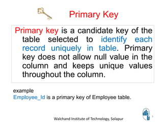 Primary Key
.
Walchand Institute of Technology, Solapur
3
Primary key is a candidate key of the
table selected to identify each
record uniquely in table. Primary
key does not allow null value in the
column and keeps unique values
throughout the column.
example
Employee_Id is a primary key of Employee table.