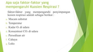 Apa saja faktor-faktor yang
mempengaruhi Kuosien Respirasi ?
faktor-faktor yang mempengaruhi penyimpangan
kosien respirasi adalah sebagai berikut :
a. Macam substrat
b. Temperatur
c. Kadar O2 di udara
d. Konsentrasi CO2 di udara
e. Persediaan air
f. Cahaya
g. Luka
 