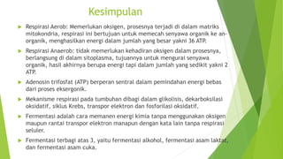 Kesimpulan
 Respirasi Aerob: Memerlukan oksigen, prosesnya terjadi di dalam matriks
mitokondria, respirasi ini bertujuan untuk memecah senyawa organik ke an-
organik, menghasilkan energi dalam jumlah yang besar yakni 36 ATP.
 Respirasi Anaerob: tidak memerlukan kehadiran oksigen dalam prosesnya,
berlangsung di dalam sitoplasma, tujuannya untuk mengurai senyawa
organik, hasil akhirnya berupa energi tapi dalam jumlah yang sedikit yakni 2
ATP.
 Adenosin trifosfat (ATP) berperan sentral dalam pemindahan energi bebas
dari proses eksergonik.
 Mekanisme respirasi pada tumbuhan dibagi dalam glikolisis, dekarboksilasi
oksidatif, siklus Krebs, transpor elektron dan fosforilasi oksidatif.
 Fermentasi adalah cara memanen energi kimia tanpa menggunakan oksigen
maupun rantai transpor elektron manapun dengan kata lain tanpa respirasi
seluler.
 Fermentasi terbagi atas 3, yaitu fermentasi alkohol, fermentasi asam laktat,
dan fermentasi asam cuka.
 