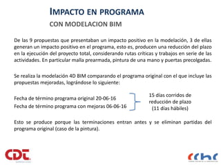 IMPACTO EN PROGRAMA
De las 9 propuestas que presentaban un impacto positivo en la modelación, 3 de ellas
generan un impacto positivo en el programa, esto es, producen una reducción del plazo
en la ejecución del proyecto total, considerando rutas críticas y trabajos en serie de las
actividades. En particular malla prearmada, pintura de una mano y puertas precolgadas.
Se realiza la modelación 4D BIM comparando el programa original con el que incluye las
propuestas mejoradas, lográndose lo siguiente:
Fecha de término programa original 20-06-16
Fecha de término programa con mejoras 06-06-16
Esto se produce porque las terminaciones entran antes y se eliminan partidas del
programa original (caso de la pintura).
CON MODELACION BIM
15 días corridos de
reducción de plazo
(11 días hábiles)
 