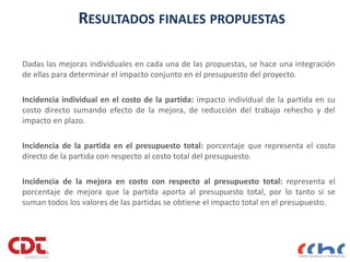 RESULTADOS FINALES PROPUESTAS
Dadas las mejoras individuales en cada una de las propuestas, se hace una integración
de ellas para determinar el impacto conjunto en el presupuesto del proyecto.
Incidencia individual en el costo de la partida: impacto individual de la partida en su
costo directo sumando efecto de la mejora, de reducción del trabajo rehecho y del
impacto en plazo.
Incidencia de la partida en el presupuesto total: porcentaje que representa el costo
directo de la partida con respecto al costo total del presupuesto.
Incidencia de la mejora en costo con respecto al presupuesto total: representa el
porcentaje de mejora que la partida aporta al presupuesto total, por lo tanto si se
suman todos los valores de las partidas se obtiene el impacto total en el presupuesto.
 