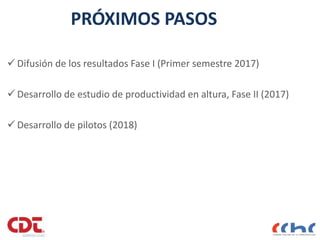 PRÓXIMOS PASOS
 Difusión de los resultados Fase I (Primer semestre 2017)
 Desarrollo de estudio de productividad en altura, Fase II (2017)
 Desarrollo de pilotos (2018)
46
 