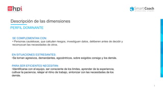 |
EN SITUACIONES ESTRESANTES:
•Se tornan agresivos, demandantes, egocéntricos, sobre exigidos consigo y los demás.
SE COMPLEMENTAN CON:
• Personas cautelosas, que calculen riesgos, investiguen datos, deliberen antes de decidir y
reconozcan las necesidades de otros.
PARA SER EFICIENTES NECESITAN:
•Identificarse con el equipo, ser consciente de los limites, aprender de la experiencia,
cultivar la paciencia, relajar el ritmo de trabajo, sintonizar con las necesidades de los
demás.
Descripción de las dimensiones
PERFIL DOMINANTE
 