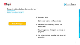 |
Meta Principal
 Motivar a otros
 Convencer a otros e influenciarlos
 Expresar lo que siente y piensa, ser
escuchado.
 Reunir y ganar a otros para un trabajo o
proyecto.
 Ser el centro de la atención o el punto de
atracción.
Descripción de las dimensiones
PERFIL INFLUYENTE
 