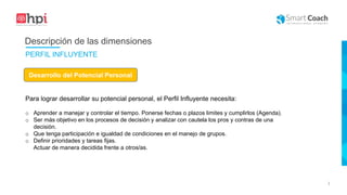 |
Desarrollo del Potencial Personal
Para lograr desarrollar su potencial personal, el Perfil Influyente necesita:
o Aprender a manejar y controlar el tiempo. Ponerse fechas o plazos limites y cumplirlos (Agenda).
o Ser más objetivo en los procesos de decisión y analizar con cautela los pros y contras de una
decisión.
o Que tenga participación e igualdad de condiciones en el manejo de grupos.
o Definir prioridades y tareas fijas.
Actuar de manera decidida frente a otros/as.
Descripción de las dimensiones
PERFIL INFLUYENTE
 