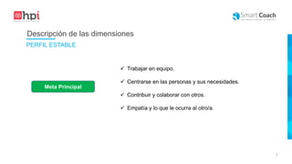 |
Meta Principal
 Trabajar en equipo.
 Centrarse en las personas y sus necesidades.
 Contribuir y colaborar con otros.
 Empatía y lo que le ocurra al otro/a.
Descripción de las dimensiones
PERFIL ESTABLE
 