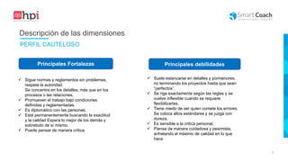 |
 Sigue normas y reglamentos sin problemas,
respeta la autoridad.
Se concentra en los detalles, más que en los
procesos o las relaciones.
 Promueven el trabajo bajo condiciones
definidas y reglamentadas.
 Es diplomático con las personas.
 Está permanentemente buscando la exactitud
y la calidad Espera lo mejor de los demás y
sobretodo de sí mismo.
 Puede pensar de manera critica.
Principales Fortalezas Principales debilidades
 Suele estancarse en detalles y pormenores,
no terminando los proyectos hasta que sean
“perfectos”.
 Se rige exactamente según las reglas y se
vuelve inflexible cuando se requiere
flexibilizarlas.
 Tiene miedo de ser quien comete los errores.
Se coloca altos estándares y se juzga con
dureza.
 Es sensible a la critica personal.
 Piensa de manera cuidadosa y pesimista,
anhelando el máximo de calidad en lo que
hace
Descripción de las dimensiones
PERFIL CAUTELOSO
 