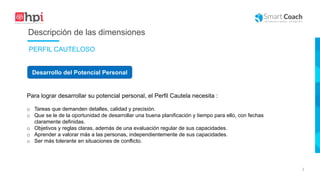 |
Desarrollo del Potencial Personal
Para lograr desarrollar su potencial personal, el Perfil Cautela necesita :
o Tareas que demanden detalles, calidad y precisión.
o Que se le de la oportunidad de desarrollar una buena planificación y tiempo para ello, con fechas
claramente definidas.
o Objetivos y reglas claras, además de una evaluación regular de sus capacidades.
o Aprender a valorar más a las personas, independientemente de sus capacidades.
o Ser más tolerante en situaciones de conflicto.
Descripción de las dimensiones
PERFIL CAUTELOSO
 
