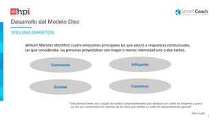 |
William Marston identificó cuatro emociones principales las que asoció a respuestas conductuales,
las que consideraba las personas proyectaban con mayor o menor intensidad uno o dos estilos.
Desarrollo del Modelo Disc
Dominante Influyente
Estable Cauteloso
“Toda persona tiene uno o quizás dos estilos comportamentales que destacan por sobre los restantes y que a
su vez son combinados con factores de los otros que definen su estilo de comportamiento general”
Allyn Cutts
WILLIAM MARSTON
 