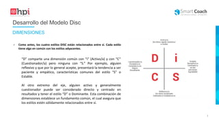 |
Desarrollo del Modelo Disc
 Como antes, los cuatro estilos DiSC están relacionados entre sí. Cada estilo
tiene algo en común con los estilos adyacentes.
“D” comparte una dimensión común con “i” (Activo/a) y con “C”
(Cuestionador/a) pero ninguna con “S.” Por ejemplo, alguien
reflexivo y que por lo general acepte, presentará la tendencia a ser
paciente y empático, características comunes del estilo “S” o
Estable.
Al otro extremo del eje, alguien activo y generalmente
cuestionador puede ser considerado directo y centrado en
resultados y tener el estilo “D” o Dominante. Esta combinación de
dimensiones establece un fundamento común, el cual asegura que
los estilos estén sólidamente relacionados entre sí.
DIMENSIONES
 