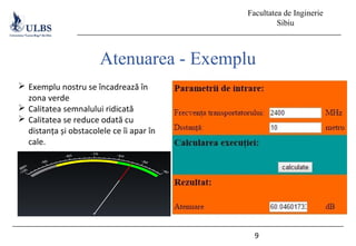 Facultatea de Inginerie
Sibiu
9
Atenuarea - Exemplu
 Exemplu nostru se încadrează în
zona verde
 Calitatea semnalului ridicată
 Calitatea se reduce odată cu
distanța și obstacolele ce îi apar în
cale.
 