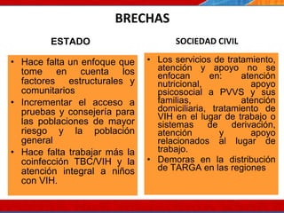 BRECHAS ESTADO Hace falta un enfoque que tome en cuenta los factores  estructurales y comunitarios Incrementar el acceso a pruebas y consejería para las poblaciones de mayor riesgo y la población general Hace falta trabajar más la coinfección TBC/VIH y la atención integral a niños con VIH. SOCIEDAD CIVIL Los servicios de tratamiento, atención y apoyo no se enfocan en: atención nutricional, apoyo psicosocial a PVVS y sus familias, atención domiciliaria, tratamiento de VIH en el lugar de trabajo o sistemas de derivación, atención y apoyo relacionados al lugar de trabajo. Demoras en la distribución de TARGA en las regiones 07/10/10 