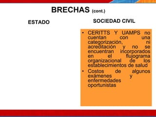 BRECHAS  (cont.) CERITTS Y UAMPS no cuentan con una categorización, ni acreditación y no se encuentran incorporados en el flujograma organizacional de los establecimientos de salud Costos de algunos exámenes y  enfermedades oportunistas 07/10/10 ESTADO SOCIEDAD CIVIL 