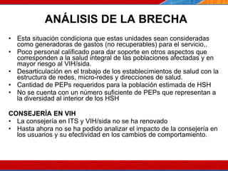 ANÁLISIS DE LA BRECHA Esta situación condiciona que estas unidades sean consideradas como generadoras de gastos (no recuperables) para el servicio,. Poco personal calificado para dar soporte en otros aspectos que corresponden a la salud integral de las poblaciones afectadas y en mayor riesgo al VIH/sida. Desarticulación en el trabajo de los establecimientos de salud con la estructura de redes, micro-redes y direcciones de salud.  Cantidad de PEPs requeridos para la población estimada de HSH No se cuenta con un número suficiente de PEPs que representan a la diversidad al interior de los HSH CONSEJERÍA EN VIH La consejería en ITS y VIH/sida no se ha renovado  Hasta ahora no se ha podido analizar el impacto de la consejería en los usuarios y su efectividad en los cambios de comportamiento.  07/10/10 