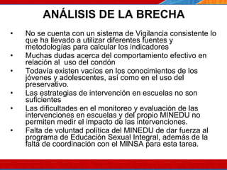 ANÁLISIS DE LA BRECHA No se cuenta con un sistema de Vigilancia consistente lo que ha llevado a utilizar diferentes fuentes y metodologías para calcular los indicadores Muchas dudas acerca del comportamiento efectivo en relación al  uso del condón Todavía existen vacíos en los conocimientos de los jóvenes y adolescentes, así como en el uso del preservativo.  Las estrategias de intervención en escuelas no son suficientes Las dificultades en el monitoreo y evaluación de las intervenciones en escuelas y del propio MINEDU no permiten medir el impacto de las intervenciones. Falta de voluntad política del MINEDU de dar fuerza al programa de Educación Sexual Integral, además de la falta de coordinación con el MINSA para esta tarea.  07/10/10 