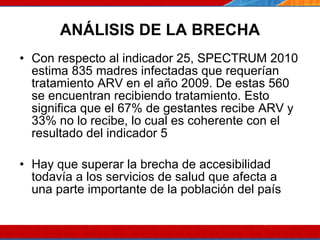 ANÁLISIS DE LA BRECHA Con respecto al indicador 25, SPECTRUM 2010 estima 835 madres infectadas que requerían tratamiento ARV en el año 2009. De estas 560 se encuentran recibiendo tratamiento. Esto significa que el 67% de gestantes recibe ARV y 33% no lo recibe, lo cual es coherente con el resultado del indicador 5 Hay que superar la brecha de accesibilidad todavía a los servicios de salud que afecta a una parte importante de la población del país 07/10/10 