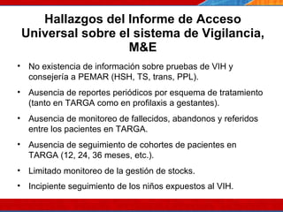 Hallazgos del Informe de Acceso Universal sobre el sistema de Vigilancia, M&E 07/10/10 No existencia de información sobre pruebas de VIH y consejería a PEMAR (HSH, TS, trans, PPL).  Ausencia de reportes periódicos por esquema de tratamiento (tanto en TARGA como en profilaxis a gestantes).  Ausencia de monitoreo de fallecidos, abandonos y referidos entre los pacientes en TARGA.  Ausencia de seguimiento de cohortes de pacientes en TARGA (12, 24, 36 meses, etc.).  Limitado monitoreo de la gestión de stocks. Incipiente seguimiento de los niños expuestos al VIH.   