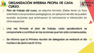 ORGANIZACIÓN INTERNA PROPIA DE CADA
CURSO:
● Plan de trabajo del curso, se adjunta formato. (Debe tener un foco
orientado a los procesos pedagógicos, sin perjuicio de ello se pueden
acordar acciones que promuevan la convivencia e interacción en
otros espacios)
● Una vez firmado el plan de trabajo, cada apoderado/a se
compromete a contribuir en las acciones que han sido consensuadas.
● Se informa que la Primera reunión de delegados se realizará el día
martes 2 de abril a las 8:15 hrs.
 