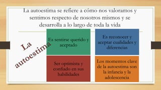 La autoestima se refiere a cómo nos valoramos y
sentimos respecto de nosotros mismos y se
desarrolla a lo largo de toda la vida
 