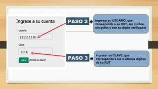 PASO 2
PASO 3
Ingresar su USUARIO, que
corresponde a su RUT, sin puntos,
sin guión y con su dígito verificador
Ingresar su CLAVE, que
corresponde a los 4 últimos dígitos
de su RUT
 