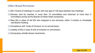 Page 11 of 20
Other Board Provisions
Min 4 board of meetings in a year with max gap of 120 days between two meetings;
Director cant be member in more than 10 committees and chairman of more than 5
committees across all the Boards of Indian listed companies;
New IDs in place of old IDs who resigned or are removed, within 3 months or immediate
next Board meeting;
Compliance with ‘Code of Conduct’ on an annual basis;
Liability of IDs in case of acts of omission or commission;
Compulsory whistle blower mechanism.
 