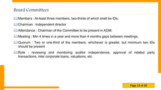 Page 12 of 20
Board Committees
Members : At-least three members, two-thirds of which shall be IDs;
Chairman : Independent director
Attendance : Chairman of the Committee to be present in AGM;
Meeting : Min 4 times in a year and more than 4 months gaps between meetings;
Quorum : Two or one-third of the members, whichever is greater, but minimum two IDs
should be present
Role : reviewing and monitoring auditor independence, approval of related party
transactions, inter corporate loans, valuations, etc.
 