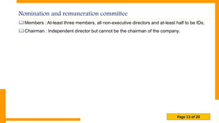 Page 13 of 20
Nomination and remuneration committee
Members : At-least three members, all non-executive directors and at-least half to be IDs;
Chairman : Independent director but cannot be the chairman of the company.
 