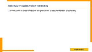 Page 17 of 20
Stakeholders Relationship committee
Formulation in order to resolve the grievances of security holders of company.
 