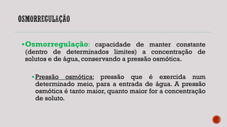 Osmorregulação: capacidade de manter constante
(dentro de determinados limites) a concentração de
solutos e de água, conservando a pressão osmótica.
Pressão osmótica: pressão que é exercida num
determinado meio, para a entrada de água. A pressão
osmótica é tanto maior, quanto maior for a concentração
de soluto.
 