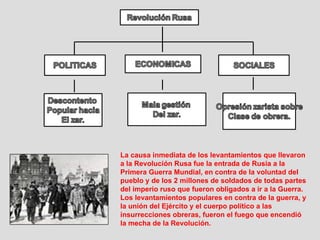 La causa inmediata de los levantamientos que llevaron
a la Revolución Rusa fue la entrada de Rusia a la
Primera Guerra Mundial, en contra de la voluntad del
pueblo y de los 2 millones de soldados de todas partes
del imperio ruso que fueron obligados a ir a la Guerra.
Los levantamientos populares en contra de la guerra, y
la unión del Ejército y el cuerpo político a las
insurrecciones obreras, fueron el fuego que encendió
la mecha de la Revolución.
 
