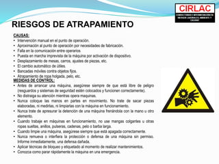 RIESGOS DE ATRAPAMIENTO
CAUSAS:
• Intervención manual en el punto de operación.
• Aproximación al punto de operación por necesidades de fabricación.
• Falla en la comunicación entre operarios
• Puesta en marcha imprevista de la máquina por activación de dispositivo.
• Desplazamiento de mesas, carros, ajustes de piezas, etc.
• El cambio automático de útiles.
• Bancadas móviles contra objetos fijos.
• Atrapamiento de ropa holgada, pelo, etc.
MEDIDAS DE CONTROL:
• Antes de arrancar una máquina, asegúrese siempre de que está libre de peligro
(resguardos y sistemas de seguridad estén colocados y funcionen correctamente).
• No distraiga su atención mientras opera maquinas.
• Nunca coloque las manos en partes en movimiento. No trate de sacar piezas
elaboradas, ni medirlas, ni limpiarlas con la máquina en funcionamiento.
• Nunca trate de apresurar la detención de una máquina frenándola con la mano u otro
elemento.
• Cuando trabaje en máquinas en funcionamiento, no use mangas colgantes u otras
ropas sueltas, anillos, pulseras, cadenas, pelo o barba larga.
• Cuando limpie una máquina, asegúrese siempre que está apagada correctamente.
• Nunca remueva o interfiera la protección o defensa de una máquina sin permiso.
Informe inmediatamente, una defensa dañada.
• Aplicar técnicas de bloqueo y etiquetado al momento de realizar mantenimientos.
• Conozca como parar rápidamente la máquina en una emergencia.
 