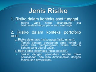 1. Risiko dalam konteks aset tunggal.
 Risiko yang harus ditanggung jika
berinvestasi hanya pada satu aset saja.
2. Risiko dalam konteks portofolio
aset.
a. Risiko sistematis (risiko pasar/risiko umum).
 Terkait dengan perubahan yang terjadi di
pasar dan mempengaruhi return seluruh
saham yang ada di pasar.
b. Risiko tidak sistematis (risiko spesifik).
 Terkait dengan perubahan kondisi mikro
perusahaan, dan bisa diminimalkan dengan
melakukan diversifikasi.
 