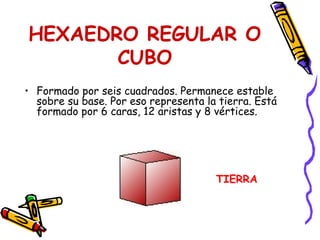 HEXAEDRO REGULAR O
CUBO
• Formado por seis cuadrados. Permanece estable
sobre su base. Por eso representa la tierra. Está
formado por 6 caras, 12 aristas y 8 vértices.
TIERRA
 