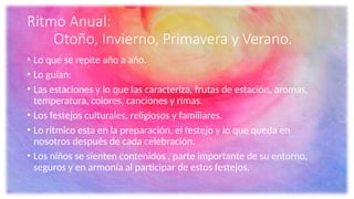 • Lo que se repite año a año.
• Lo guían:
• Las estaciones y lo que las caracteriza, frutas de estación, aromas,
temperatura, colores, canciones y rimas.
• Los festejos culturales, religiosos y familiares.
• Lo rítmico esta en la preparación, el festejo y lo que queda en
nosotros después de cada celebración.
• Los niños se sienten contenidos , parte importante de su entorno,
seguros y en armonía al participar de estos festejos.
Ritmo Anual:
Otoño, Invierno, Primavera y Verano.
 