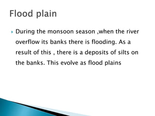  During the monsoon season ,when the river 
overflow its banks there is flooding. As a 
result of this , there is a deposits of silts on 
the banks. This evolve as flood plains 
 