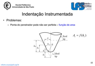 Escola Politécnica
Universidade de São Paulo

Indentação Instrumentada
• Problemas:
– Ponta do penetrador pode não ser perfeita – função de area

Ac  f (hc )

10
roberto.souza@poli.usp.br

 