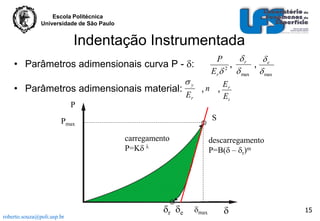 Escola Politécnica
Universidade de São Paulo

Indentação Instrumentada
r
e
,
,
2
Er  max  max
P

• Parâmetros adimensionais curva P - :

y
• Parâmetros adimensionais material:
, n , Er
Er
Ei
P

S

Pmax
carregamento
P=K 

roberto.souza@poli.usp.br

r e

descarregamento
P=B( – r)m

max



15

 