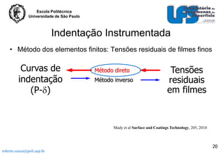 Escola Politécnica
Universidade de São Paulo

Indentação Instrumentada
• Método dos elementos finitos: Tensões residuais de filmes finos

Curvas de
indentação
(P-)

Método direto
Método inverso

Tensões
residuais
em filmes

Mady et al Surface and Coatings Technology, 205, 2010

20
roberto.souza@poli.usp.br

 