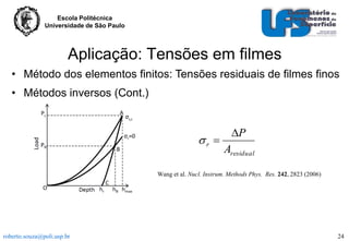 Escola Politécnica
Universidade de São Paulo

Aplicação: Tensões em filmes
• Método dos elementos finitos: Tensões residuais de filmes finos
• Métodos inversos (Cont.)

r 

P
Aresidual

Wang et al. Nucl. Instrum. Methods Phys. Res. 242, 2823 (2006)

roberto.souza@poli.usp.br

24

 