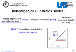 Escola Politécnica
Universidade de São Paulo

Indentação de Substratos “moles”
Tensões responsáveis
pela fratura do filme

pile-up do substrato

Deformação
plástica na direção
da carga

 ABAQUS:Material com propriedades

plásticas ortotrópicas

roberto.souza@poli.usp.br

36

 
